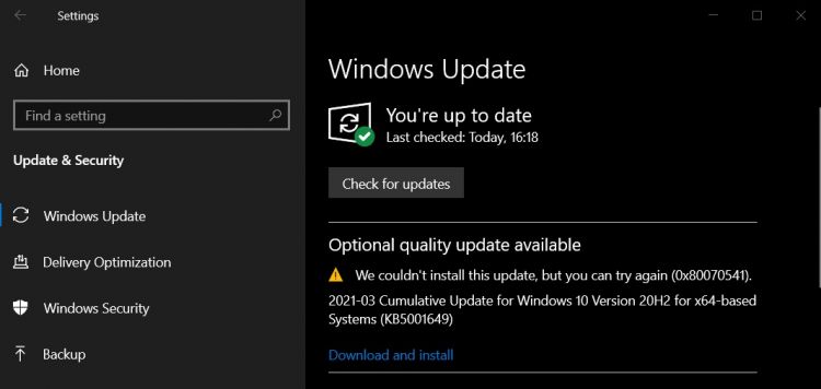 Windows 10 : résoudre l'erreur 0x80070541 lors de l'installation de KB5001649
